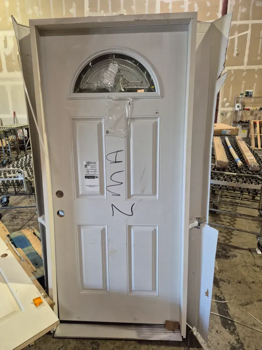 **frame in bottom piece broken **36 in. x 80 in. Fan Lite Primed Steel Prehung Right-Hand Inswing Front Door w/ Brickmould - image 2