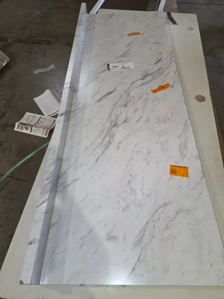 6 ft Straight Laminate Countertop in Textured Calcutta Marble with Eased Edge and Integrated Backsplash - image 3