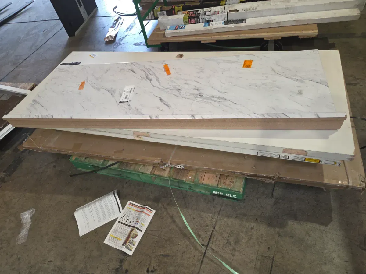 6 ft Straight Laminate Countertop in Textured Calcutta Marble with Eased Edge and Integrated Backsplash - image 4