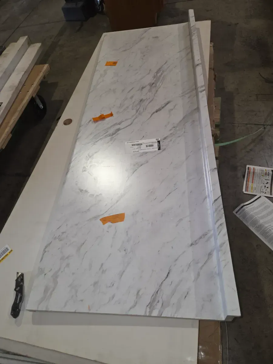 6 ft Straight Laminate Countertop in Textured Calcutta Marble with Eased Edge and Integrated Backsplash - image 5