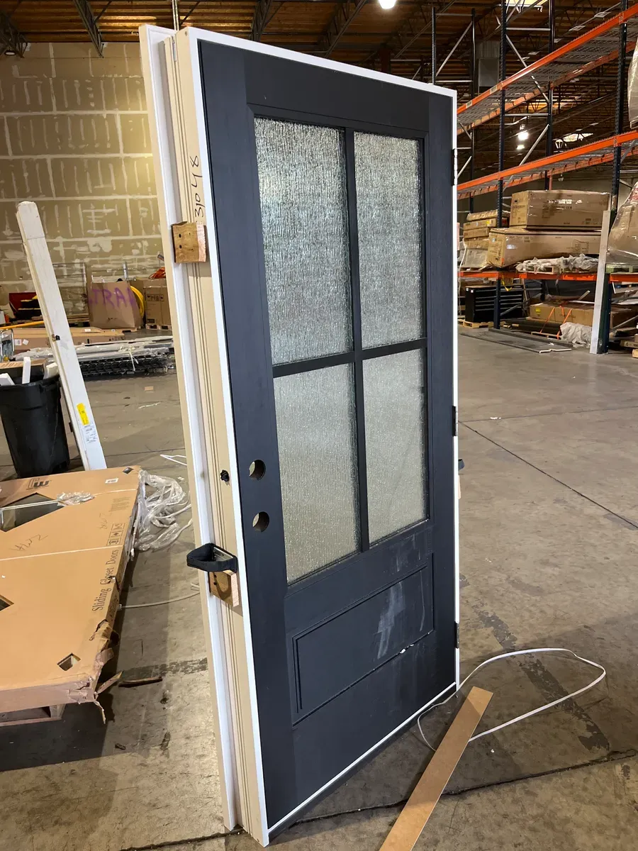 36 in. x 80 in. 3/4 Lite Right-Hand Inswing 4 lite SDL Water Wave Glass Finished Black Fiberglass Prehung Front Door - image 2