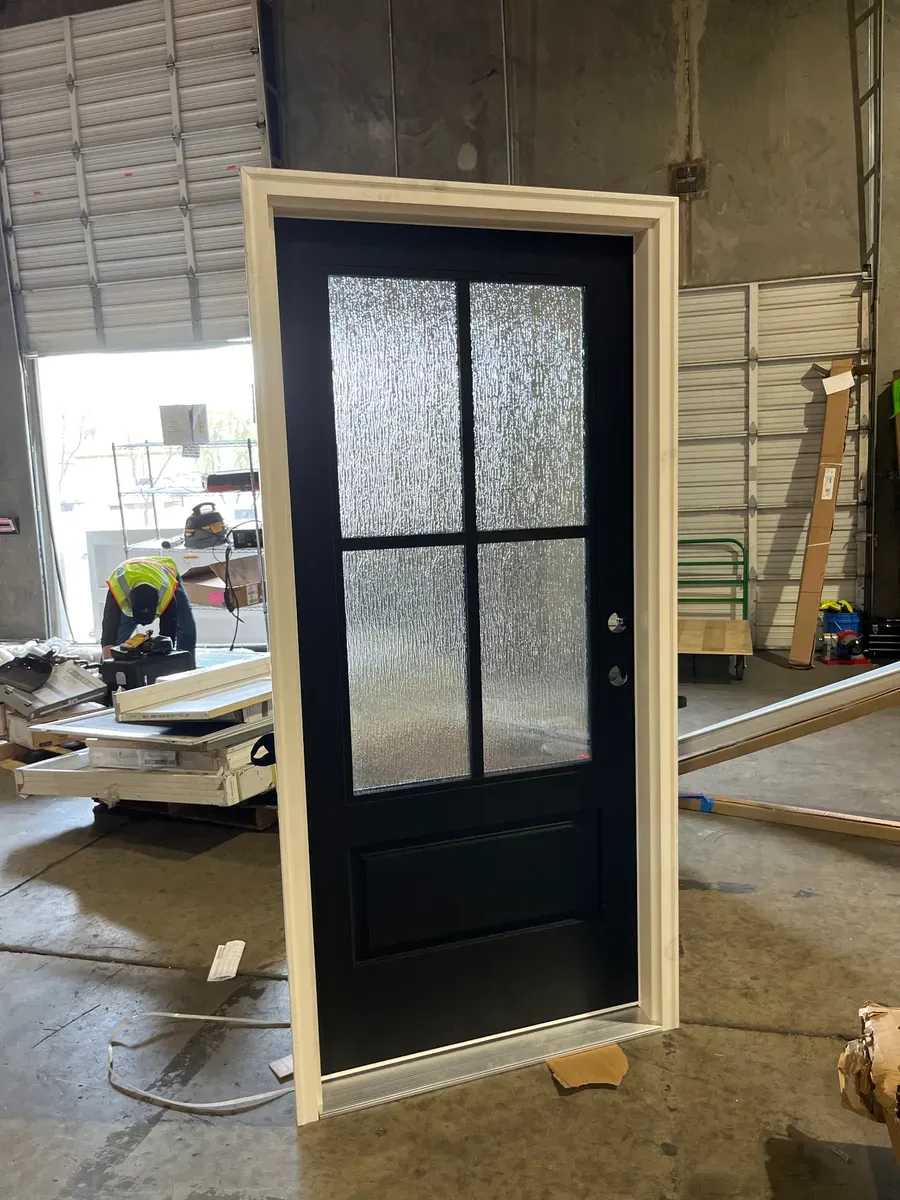 36 in. x 80 in. 3/4 Lite Right-Hand Inswing 4 lite SDL Water Wave Glass Finished Black Fiberglass Prehung Front Door - image 3