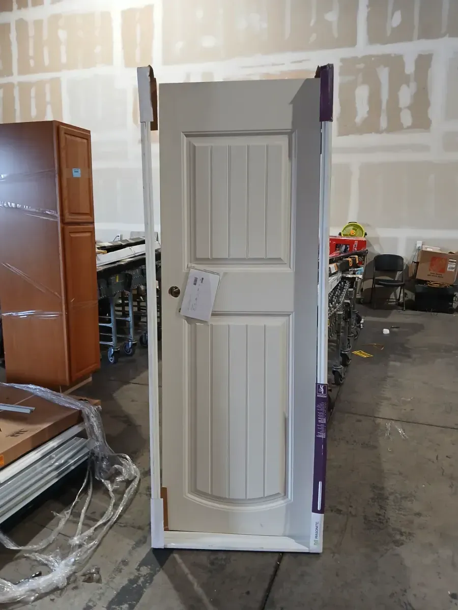 *** With frame*** Masonite 28 in. x 80 in. 2 Panel Cheyenne Smooth Camber Top Plank Hollow Core Primed Composite Interior Door Slab - image 2