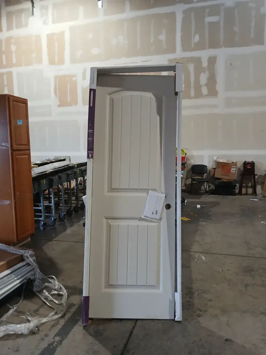 *** With frame*** Masonite 28 in. x 80 in. 2 Panel Cheyenne Smooth Camber Top Plank Hollow Core Primed Composite Interior Door Slab - image 3