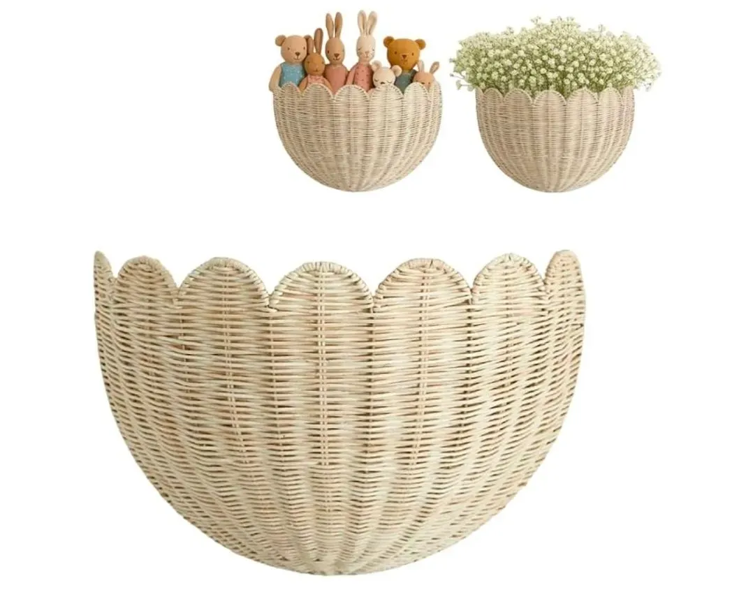Scalloped Wicker Wall Basket,Scallop Hanging Rattan Basket for Organizing, Woven Plant Wall Decor Art, Wall Mounted Basket, Hanging Storage Basket for Front Door and Home (Natural) - image 1