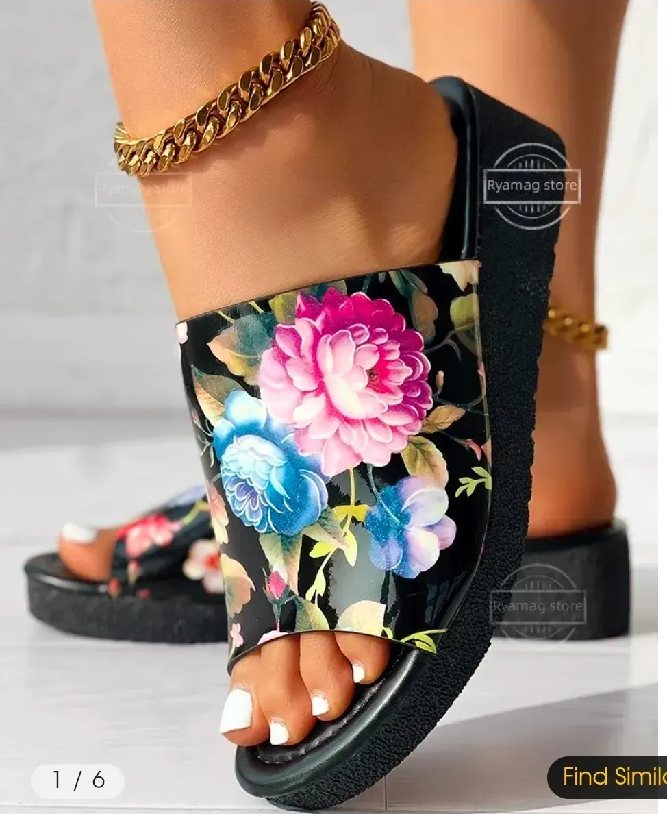 ** Size 9.5 ***  Slippers Women's Floral Print Peep Toe Platform Slippers Summer Women Casual Strap Flats Outdoor Shoes Black Slippers Sandals - image 1
