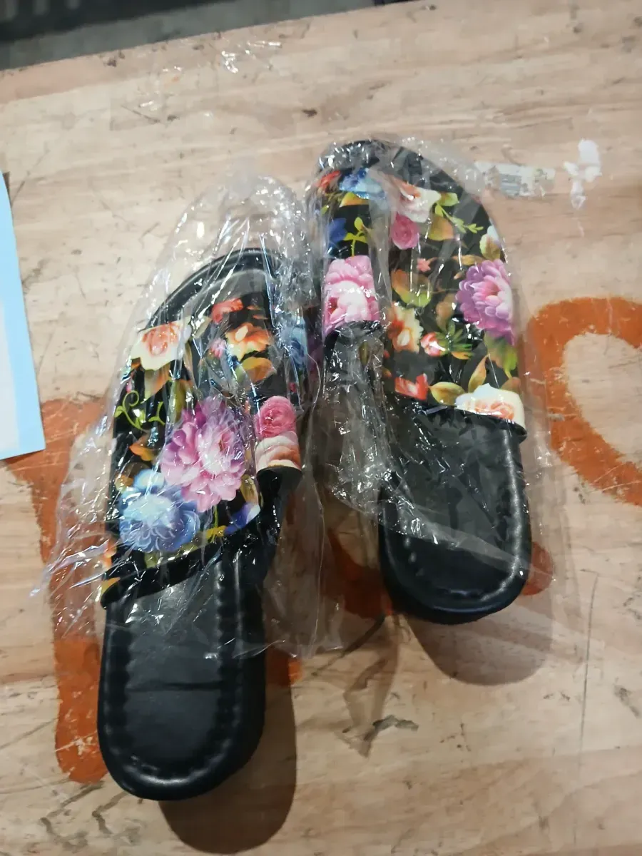 ** Size 9.5 ***  Slippers Women's Floral Print Peep Toe Platform Slippers Summer Women Casual Strap Flats Outdoor Shoes Black Slippers Sandals - image 2