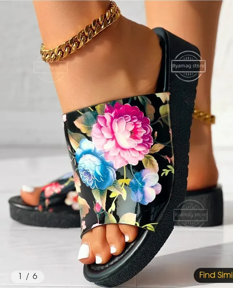 *** Size 9 *** Slippers Women's Floral Print Peep Toe Platform Slippers Summer Women Casual Strap Flats Outdoor Shoes Black Slippers Sandals - image 1