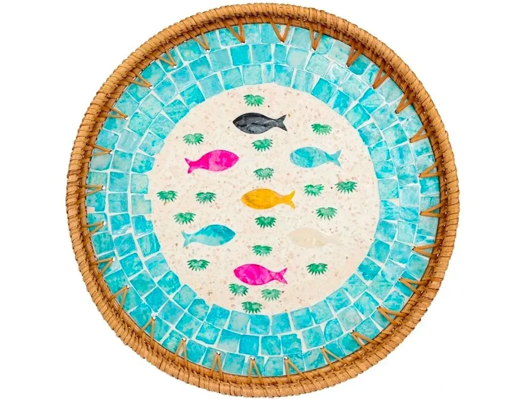 30cm Round Rattan Tray with Mother of Pearl Inlay for Home Decor Coffee Bread Fruit Food Storage Table Decoration - image 1