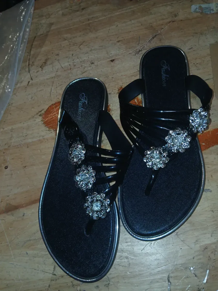 *** Size 9 ** CROSSBABY Rhinestone Flat Sandals for Women Dressy Sparkly Thong Sandals Bling Summer Cute T Strap Dress Sandals for Wedding Bridal Bride Beach Trendy Comfortable Ladies Women's Sandals - image 3