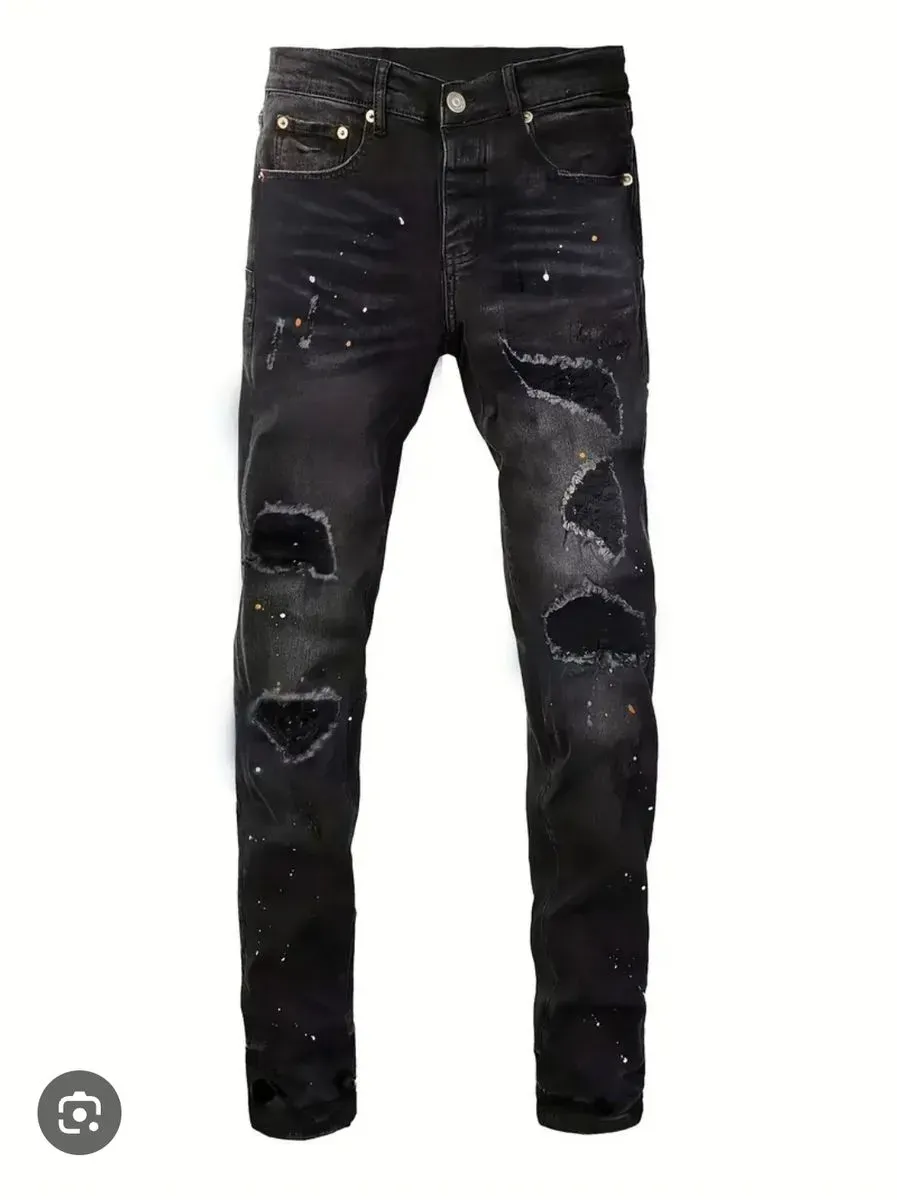 Men's Ripped Patch Stretch Jeans Denim Patchwork Straight Pants Vintage Patch Ripped Distressed Denim Pants Black  - image 1