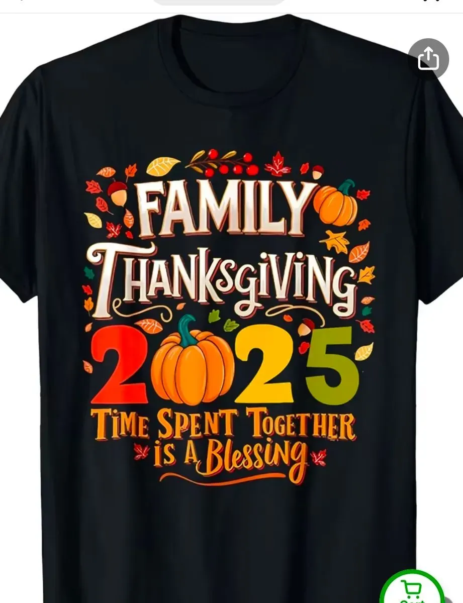 *** Pack of 3 size S *** Family Thanksgiving 2025 Matching T-Shirts - Vintage Graphic Turkey Design with Autumn Leaves & Pumpkins, "Time Spent Together is a Blessing" Quote, Unisex Adult Cotton Crewneck Tees for Family Reunion Outfits, Perfect for Thanksgiving - image 1