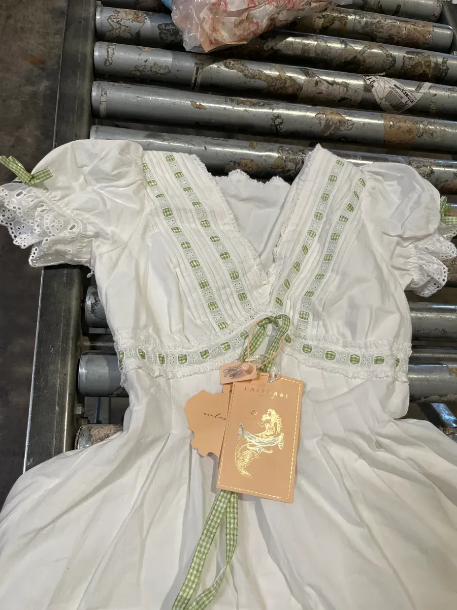 ***Size M***Vintage Christening Gown Baptismal Dress White Lace Embroidery Pink Ribbon 29" - image 2