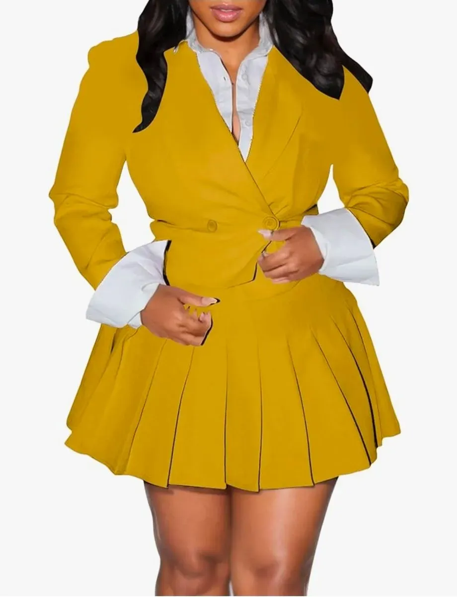 *** Size L *** Womens Suits 2 Piece Set Casual Double Breasted Crop Jacket Blazer Top & High Waist Pleated Mini Skirt Sets - image 1