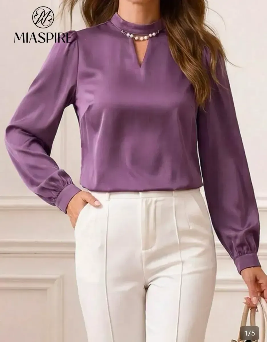  *** Size Medium *** Women's Casual Long-Sleeve Solid-Color Blouse with a Simple, Openwork Design - image 1