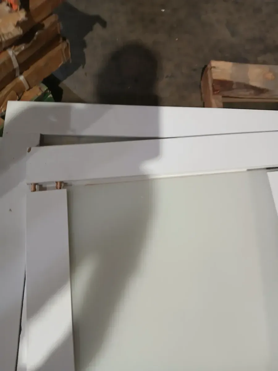 **side is damge faling apart**31n. x 78in. 3 Frosted Glass Solid Core White Finished Interior Barn Door Slab - image 3