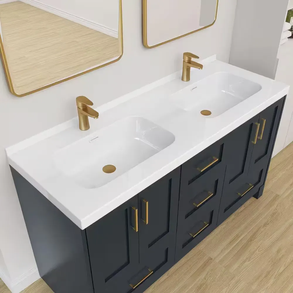 60 in. W x 22 in. D Solid Surface White Vanity Top Rectangular Double Sink Bathroom Vanity Top in Glossy White - image 1