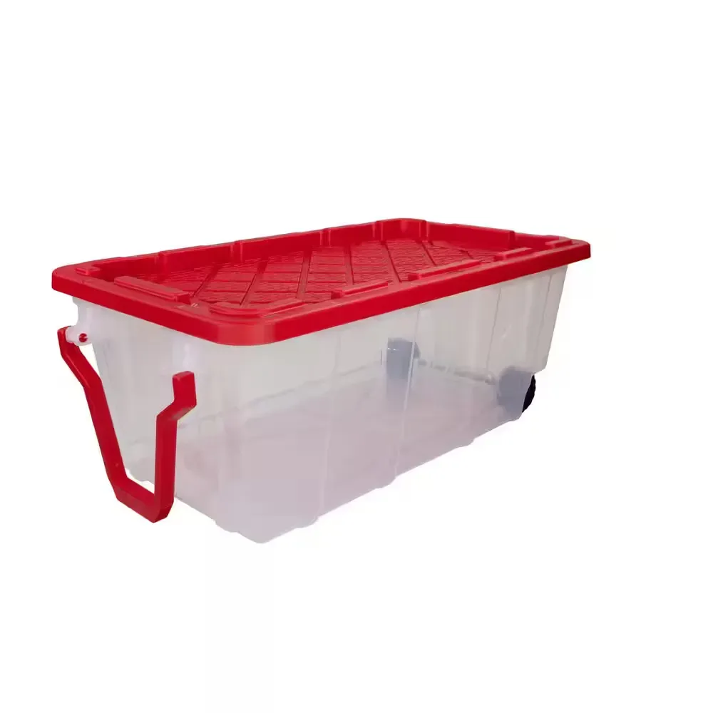 40 Gal. Tough Storage Tote with Wheels and Handle in Clear and Red - image 1