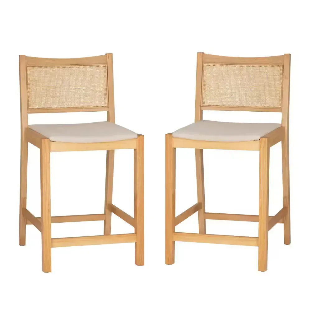 Lewis 25.25 in. Natural Cane Low Back Wood Counter Stool with Fabric Seat Set of 2 - image 1