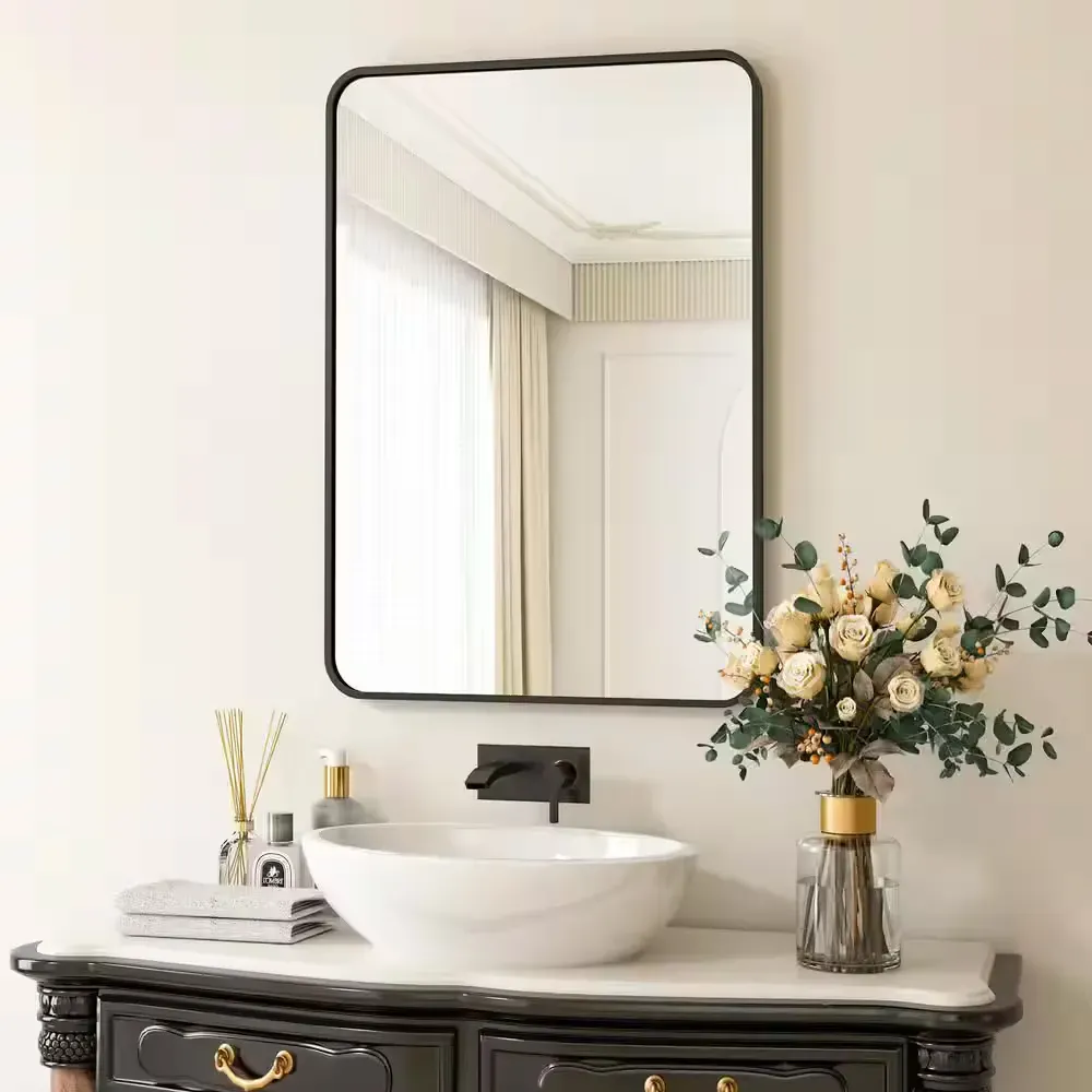 24 in. W x 30 in. H Rectangular Aluminum Framed Wall Bathroom Vanity Mirror in Black (Screws Not Included) - image 1