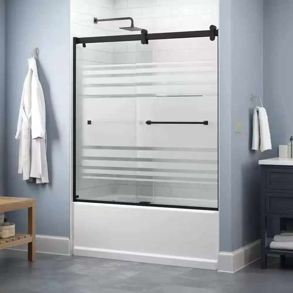 Lyndall Contemporary 60 in. W x 58-3/4 in. H Frameless Sliding Bathtub Door, Matte Black, Frosted Transition Glass - image 1