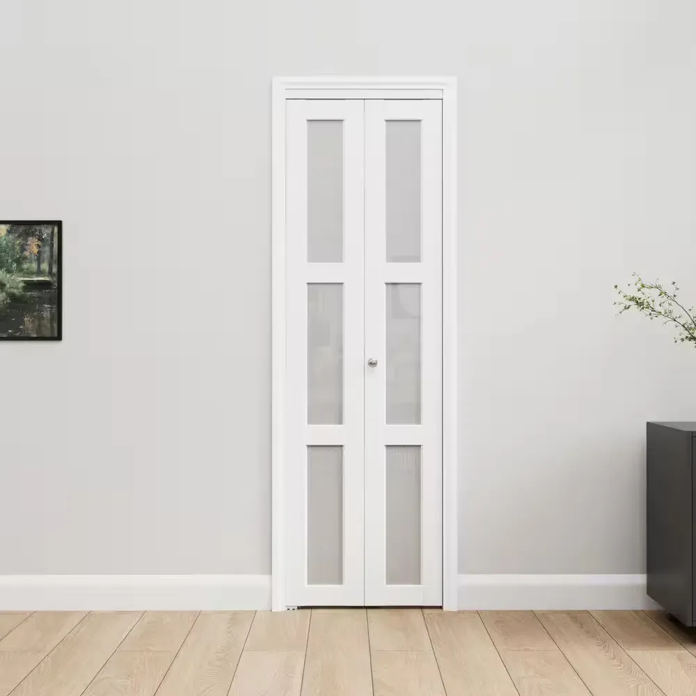 24 in. x 80 in. 3-Lite Tempered Frosted Glass and Solid Core White Finished MDF Closet Bi-Fold Door with Hardware - image 1