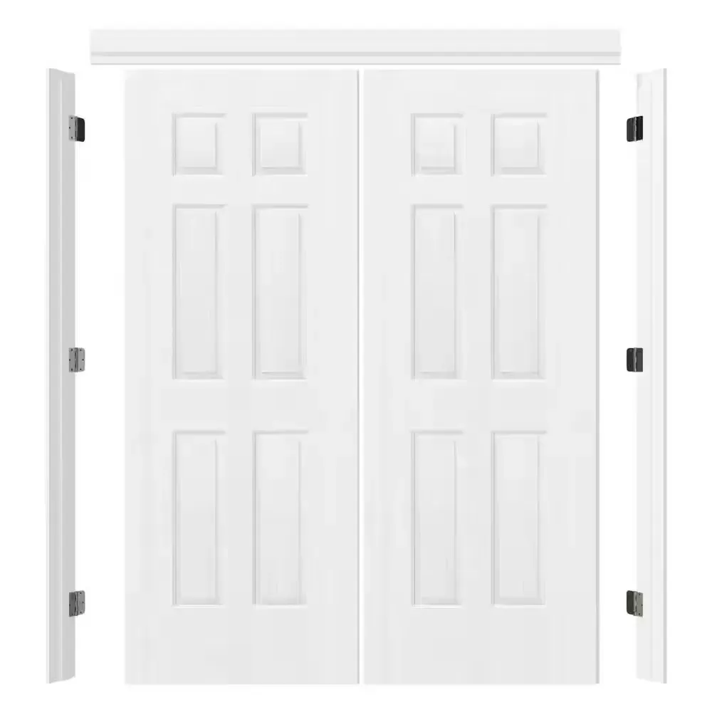 ** has scratches and minor dents **48 in. x 80 in. 6 Panel White Primed Hollow Core MDF. Double Pre-Hung French Door with Quick Assemble Jamb - image 1