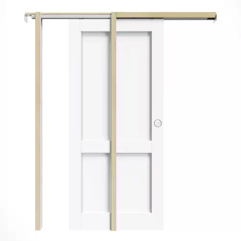 36 in. x 80 in. 2-Paneled White Primed Wood Pocket Door with Hardware Kit (Soft Close and Round Silver Handle Incl) - image 1