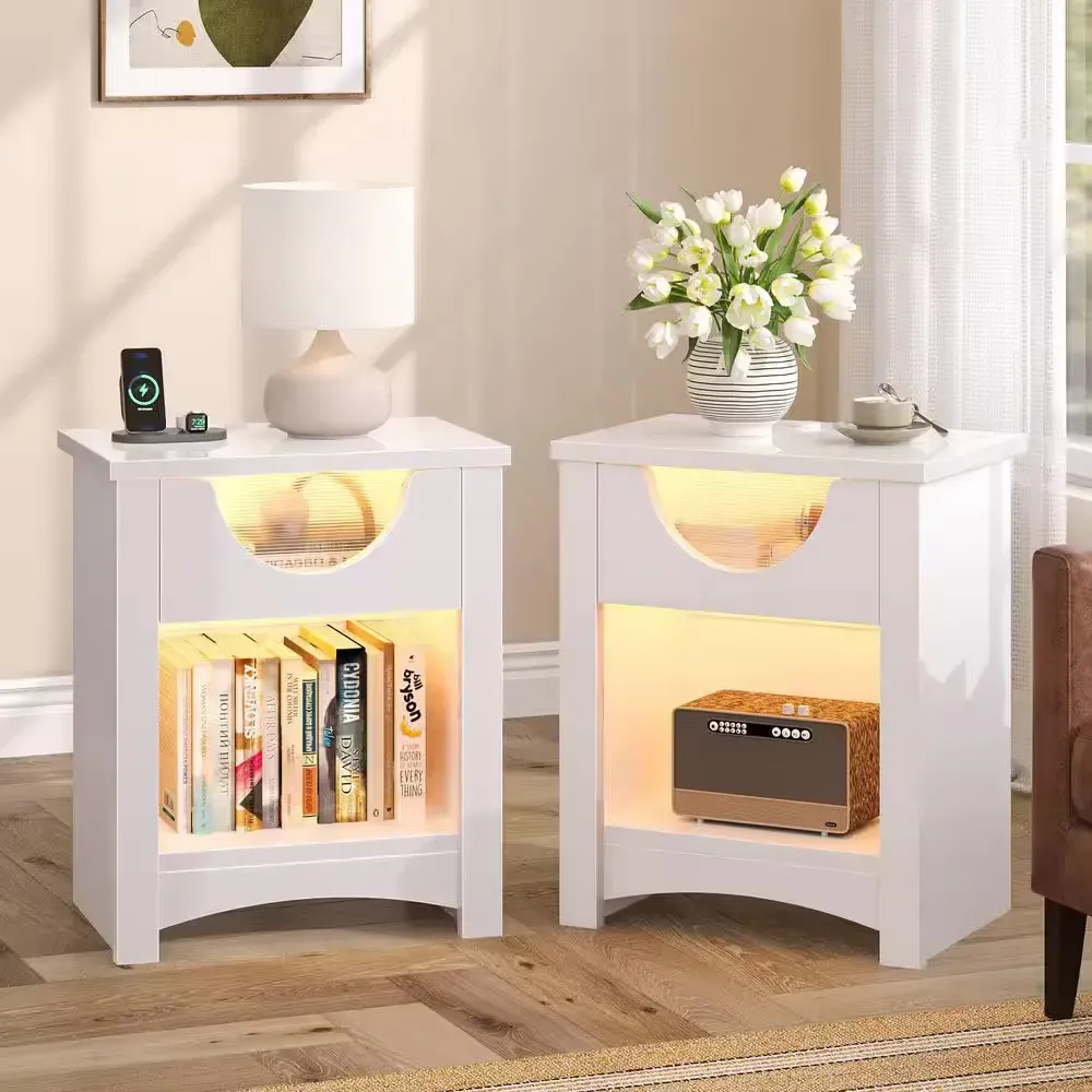 Set of 2 Modern White Nightstands with LED Lighting and Wireless Charging - image 1