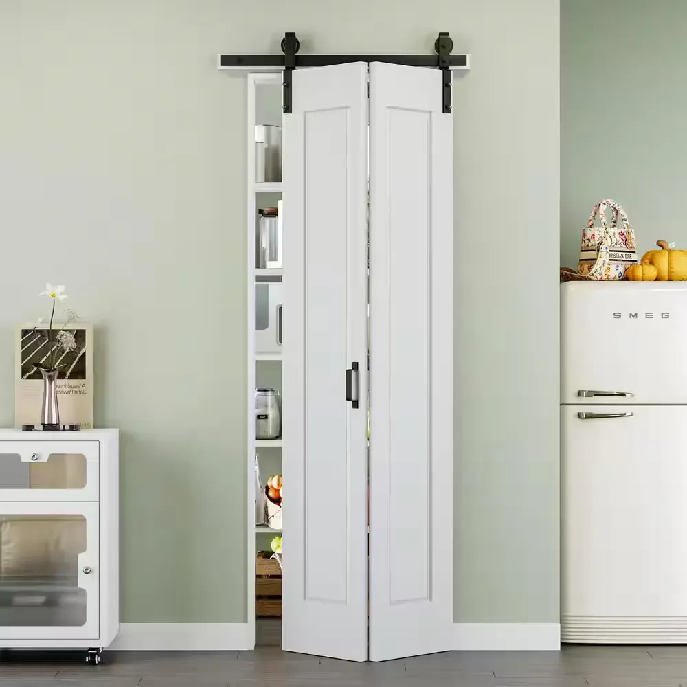 32 in. x 84 in. Paneled 1-Lite White Primed MDF Composite Bi-fold Sliding Barn Door with Hardware Kit and Handle - image 1