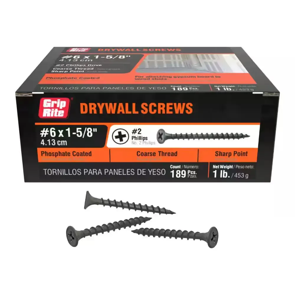 Grip Rite #6 x 1-5/8" Coarse Thread Phillips Drywall Screws (1 lb Box) (#6 x 1-5/8 in. #2 Phillips Bugle Head Coarse Thread Drywall Screw 1 lb. Box) - image 1