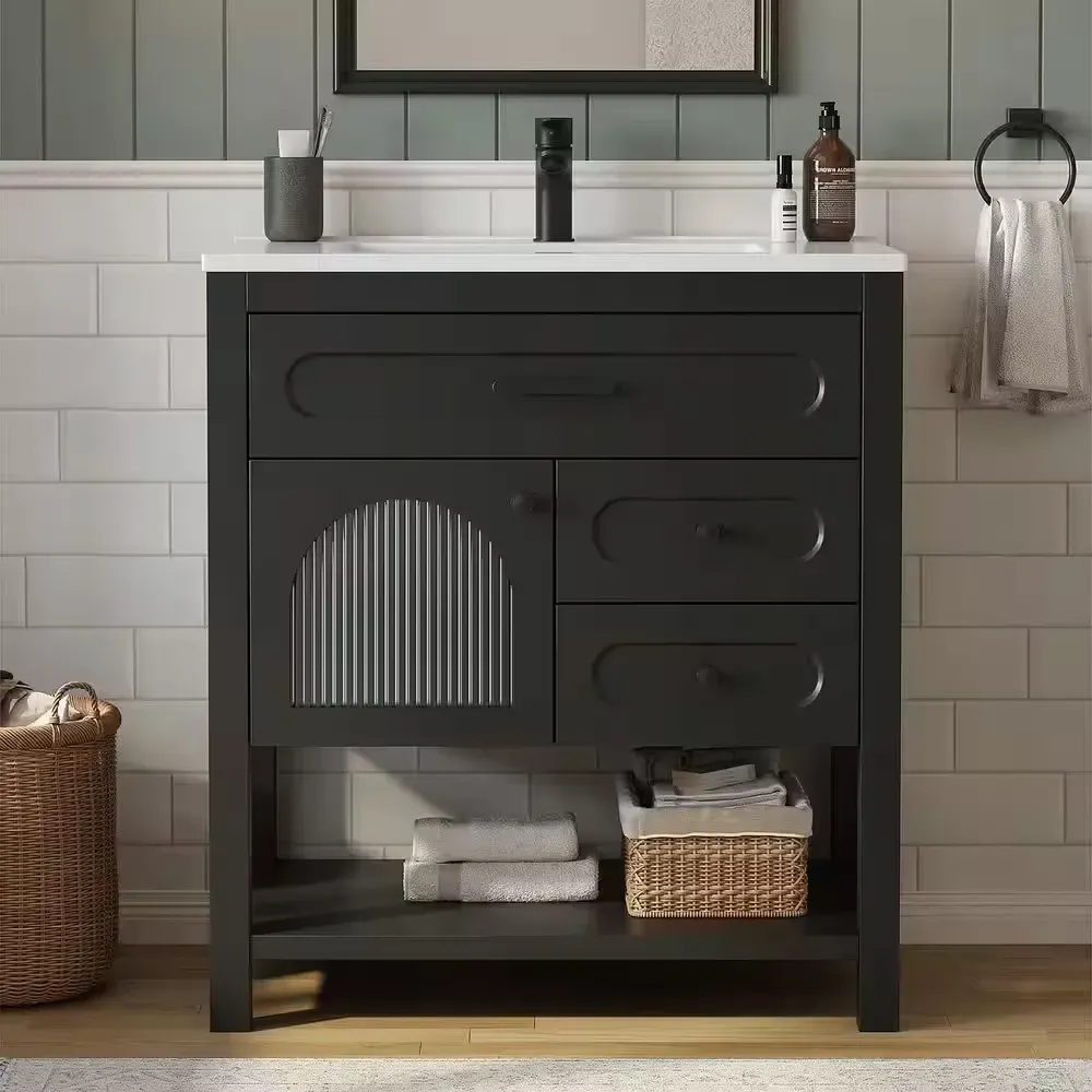 Obsidian 31 in. Single Sink Black Bath Vanity with White Engineered Solid Surface Top and 2 Drawers (Unassembled) - image 1