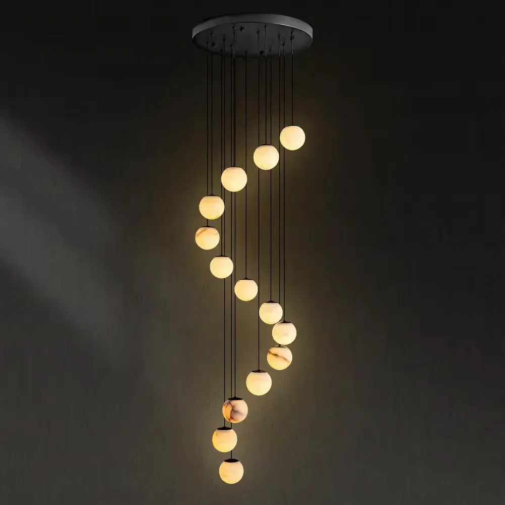 Modern 138 in. H 14-Light Black Globe Staircase Chandelier, Natural Alabaster Chandelier for High Ceiling, Foyer, Entry - image 1