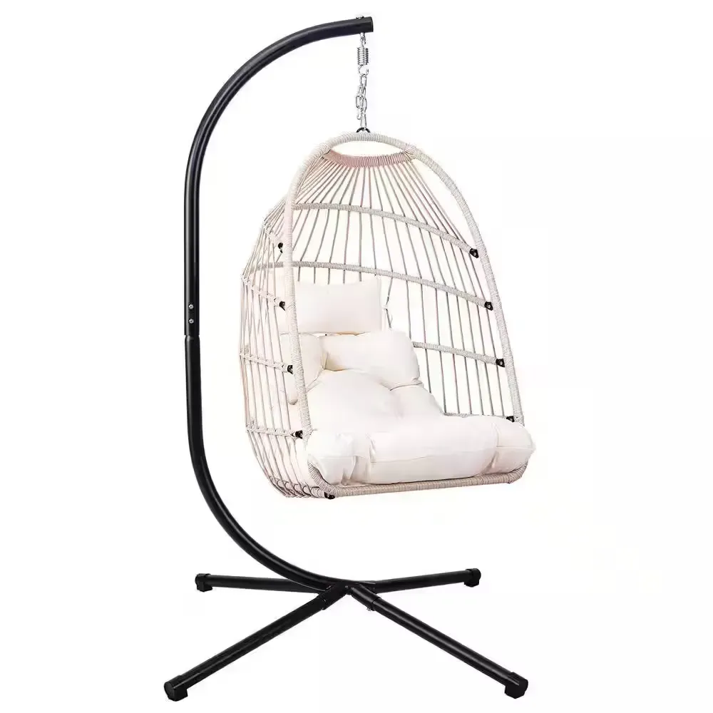 Wicker Outdoor Patio Swing Egg Hanging Chair with White Cushion - image 1