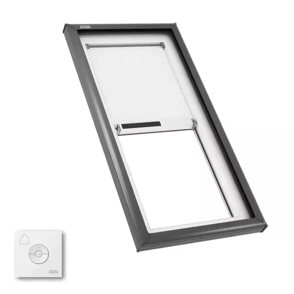 22-1/2 in. x 46-1/2 in. Fixed Curb Mount Skylight with Laminated Low-E3 Glass, White Solar Powered Room Darkening Shade - image 1