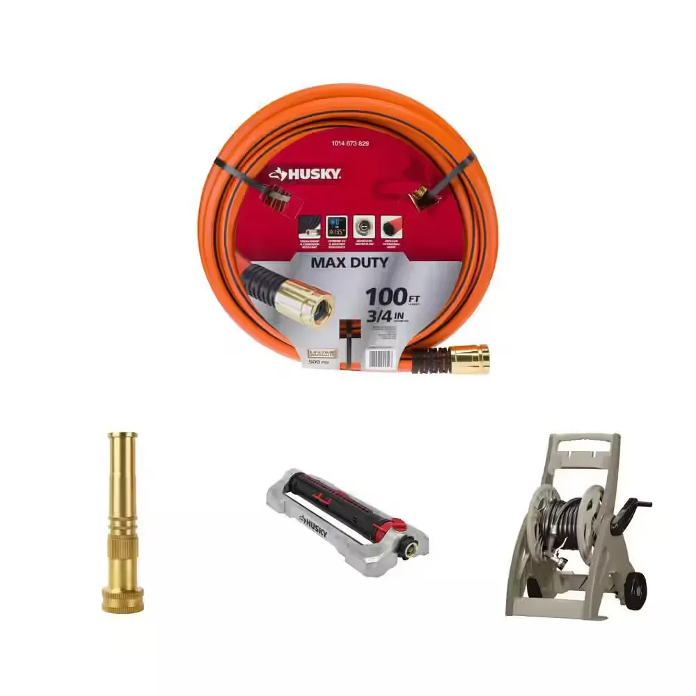 Husky 5 in. Brass Twist Nozzle, 3/4 in. x 100 ft. Max Duty Hose, 4500 sq. ft. Sprinkler and 175 ft. Hose Reel Combo - image 1