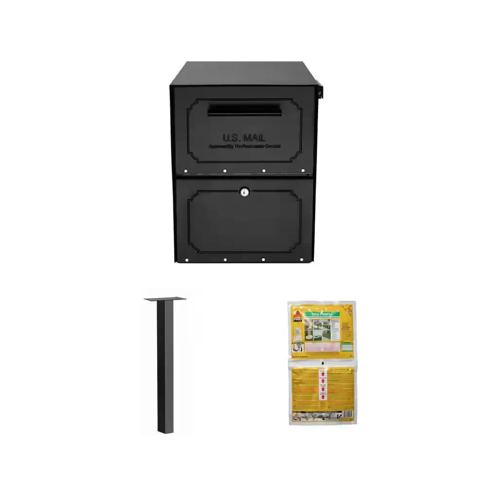 Oasis Classic Black Extra Large Locking Parcel Mailbox, 46-1/2 in. Black Post and 2 lb. PostFix Mix Combo - image 1