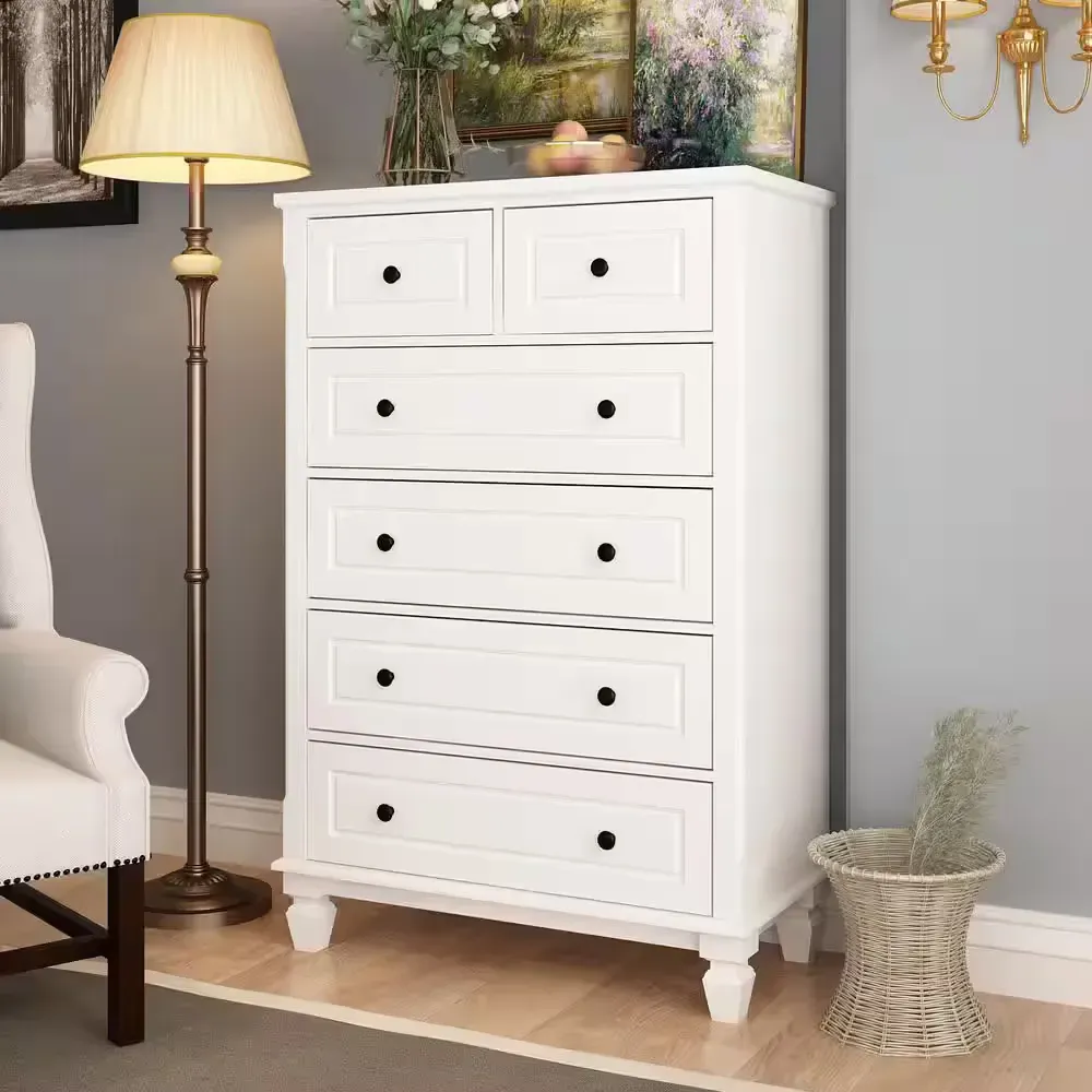6-Drawers White Wood Storage Cabinet with Anti Tipping Device and Wooden Legs 47.4 in. H x 31.5 W x 15.7 D - image 1
