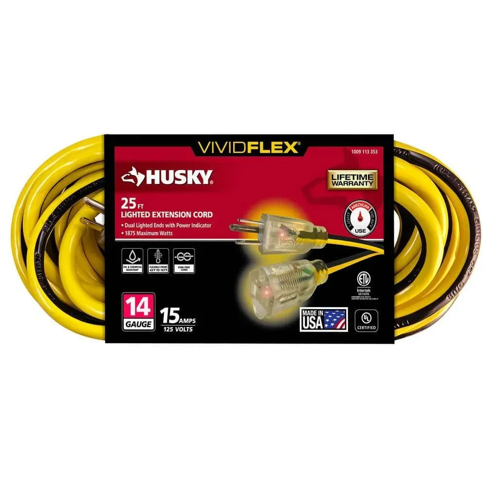 Husky VividFlex 25 ft. 14/3 Gauge Medium Duty Indoor/Outdoor Extension Cord with Lighted End, Yellow - image 1