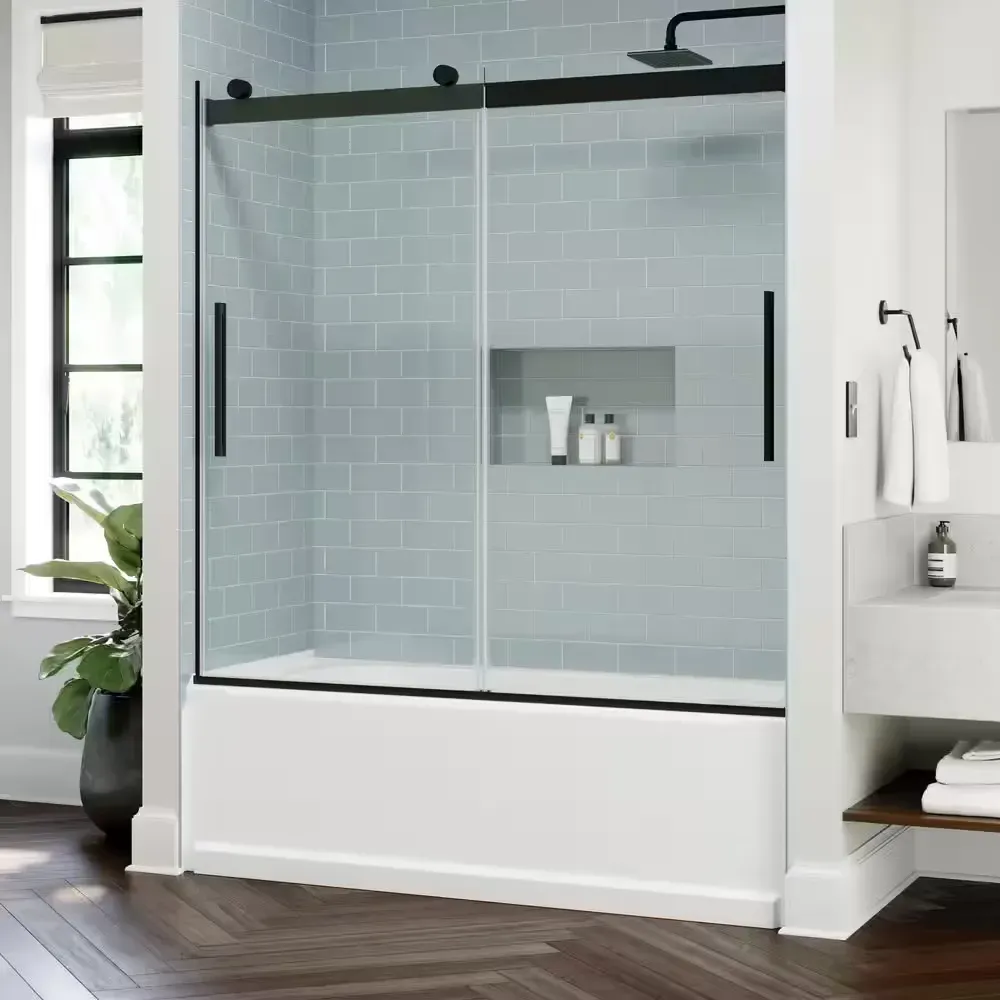 Classic 500 55-3/8 to 59-3/8 in. W x 59 in. H Frameless Sliding Bathtub Door in Matte Black with 1/4 in. Clear Glass - image 1