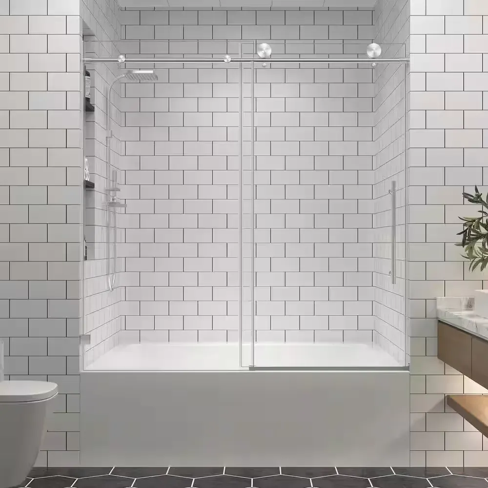 *** It is missing accessories*** 5-60 in. W x 63 in. H Sliding Frameless Tub Door in Brushed Nickel Finish with 5/16 in. Clear Tempered Glass - image 1