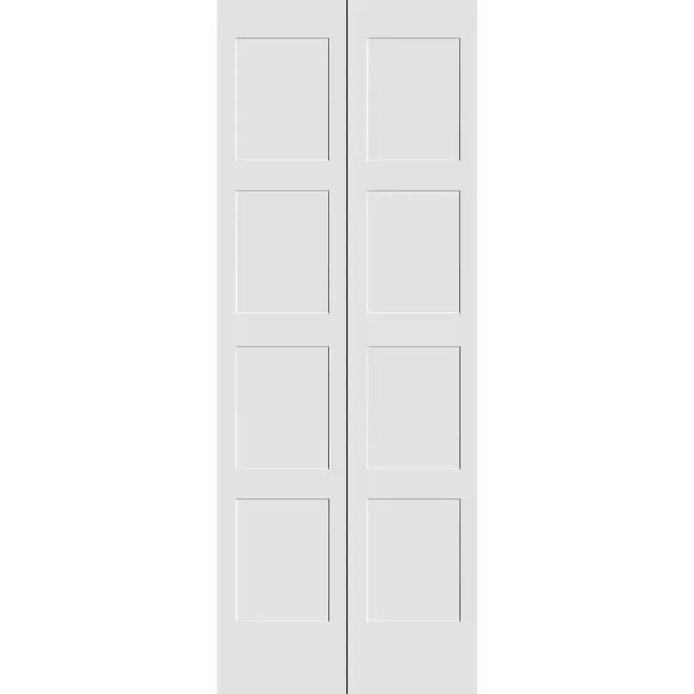 ***minor dents ***36 in. x 80 in. Solid Wood Primed White Unfinished MDF 4-Panel Bi-Fold Door with Hardwarewŵ - image 1