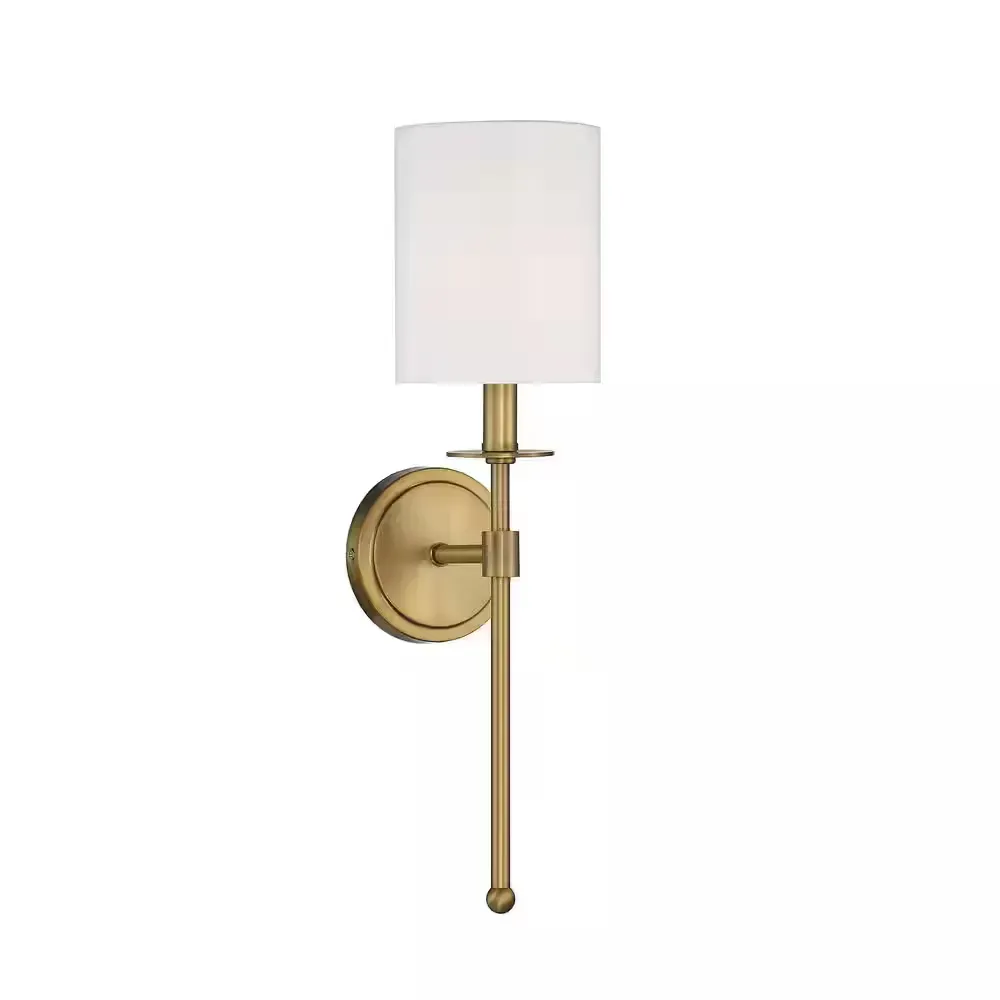 5 in. W x 20 in. H 1-Light Natural Brass Wall Sconce with White Fabric Shade - image 1