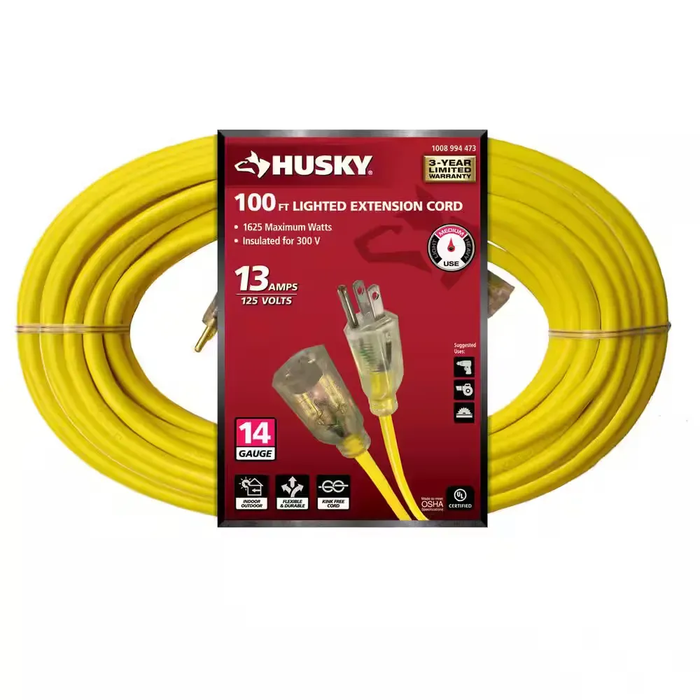 100 ft. 14/3 Medium Duty Indoor/Outdoor Extension Cord with Lighted End, Yellow - image 1
