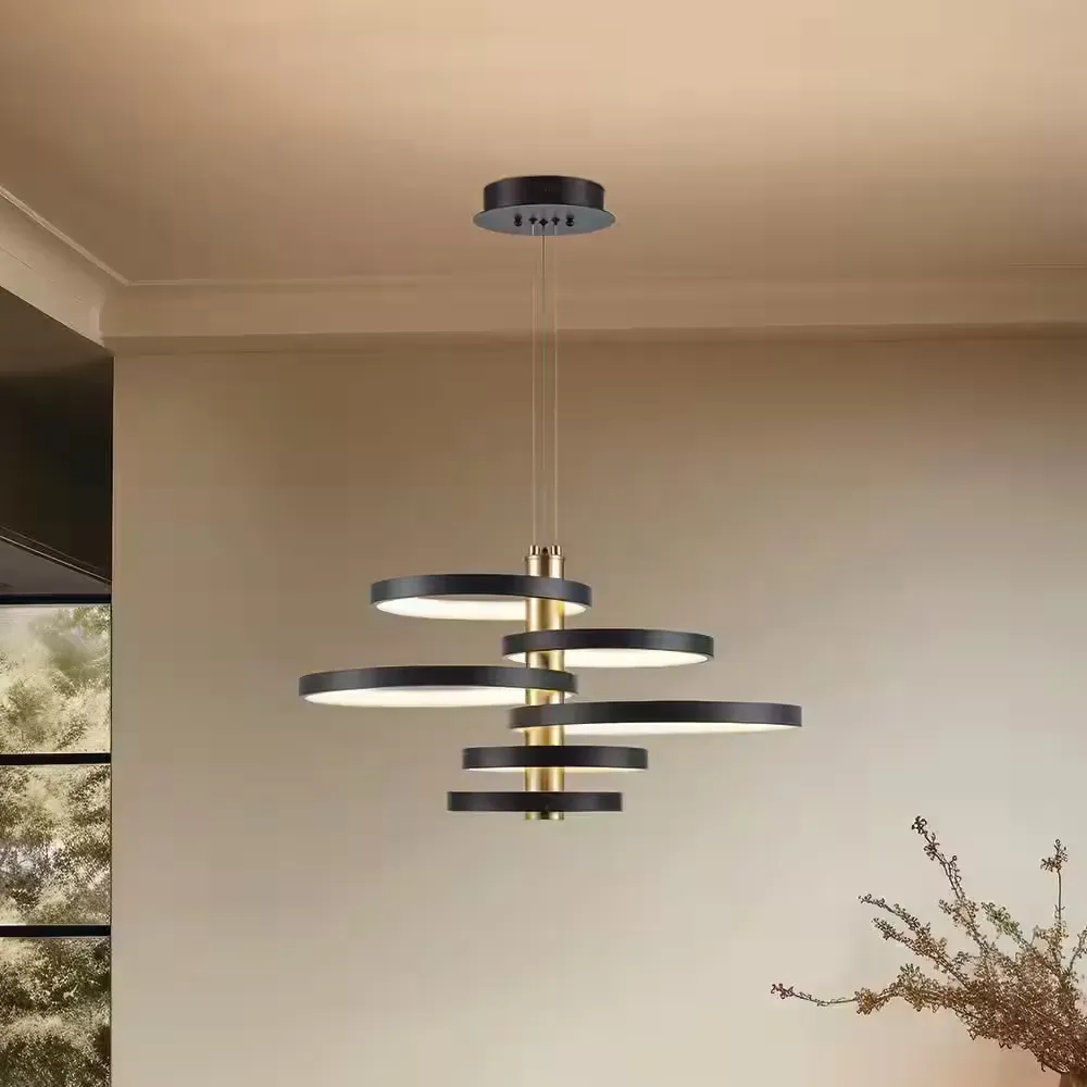 26 in. Integrated LED Black and Gold Ringed Pendant Light Fixture - image 1