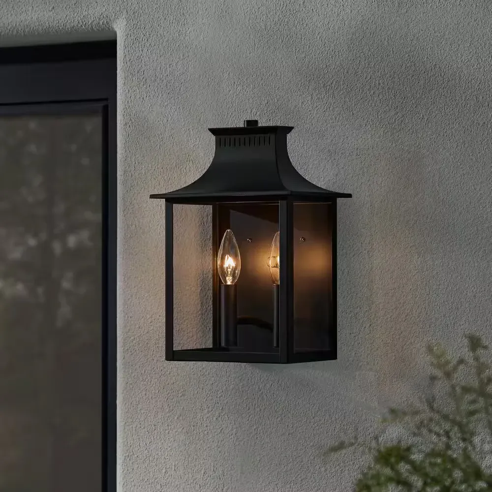 Emory Hills 13 in. 2-Light Matte Black Hardwired Outdoor Wall Light Lantern Sconce with No Bulbs Included - image 1
