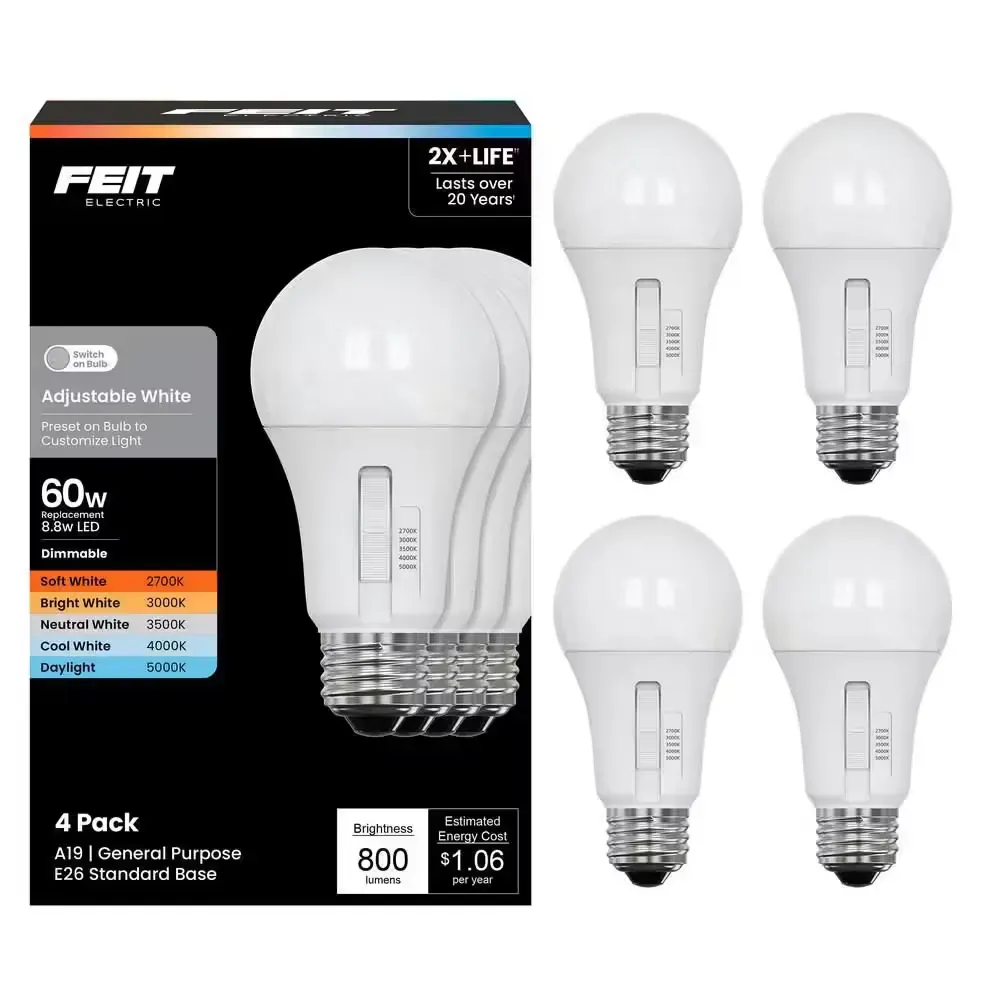 *** pack of 48 *** 60-Watt Equivalent A19 Dimmable 90 CRI E26 LED Light Bulb Selectable White (2700K/3000K/3500K/4000K/5000K) 4-Pack - image 1