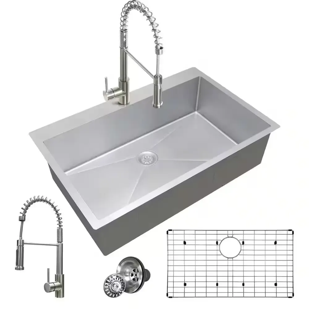 33 in. Drop-In/Undermount Single Bowl 18-Gauge Gunmetal Sliver Stainless Steel Kitchen Sink with Faucet and Bottom Grids - image 1