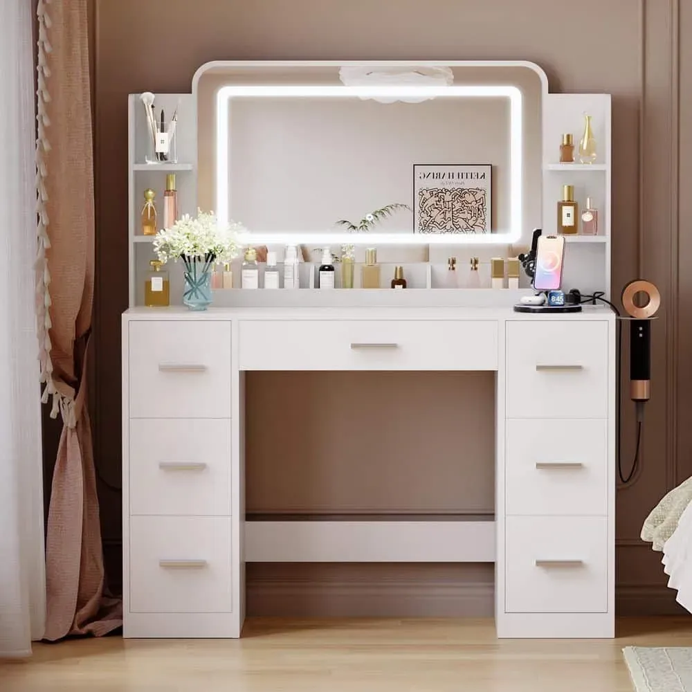 LACOO Vanity Desk with Large Lighted Mirror, Power Outlet and LED Lights, Makeup Vanity Table with 7 Drawers White - image 1