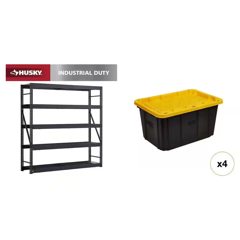 *** pack of 9 It doesn't come with the lid.***90 in. W 5-Shelf Black Metal Shelving Unit, 27 Gal. Black and Yellow Storage Tote (4-Count) Combo - image 1